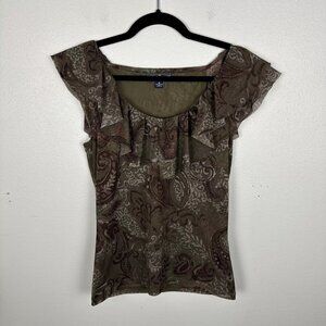 Y2K Mesh Top Vintage Women's Fairy Grunge Shirt Size M Brown Paisley Ruffle Neck